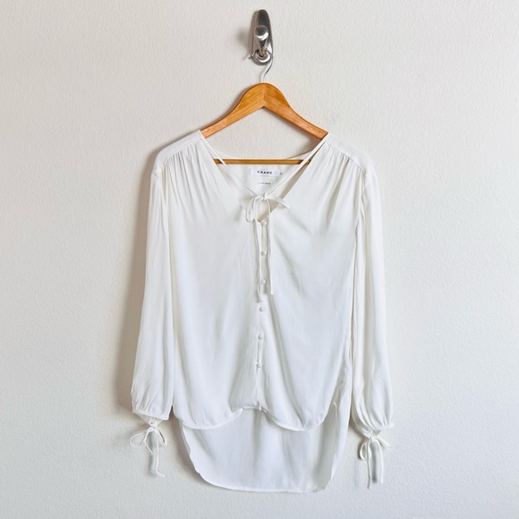 FRAME Cream White Long Sleeve Button Self Tie Peasant Blouse